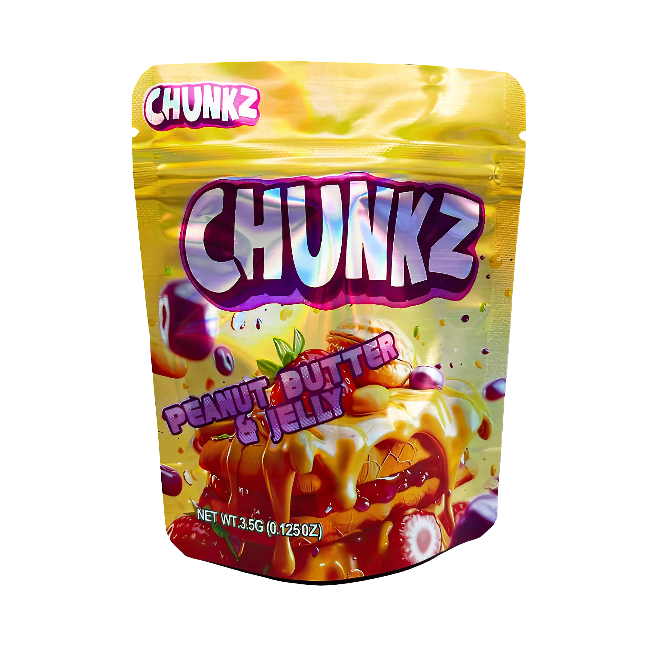 3.5 Gram Mylar Bag – Premium Smell-Proof Flower Packaging – Chunkz Peanut Butter & Jelly (50 Count) MB-35G-051