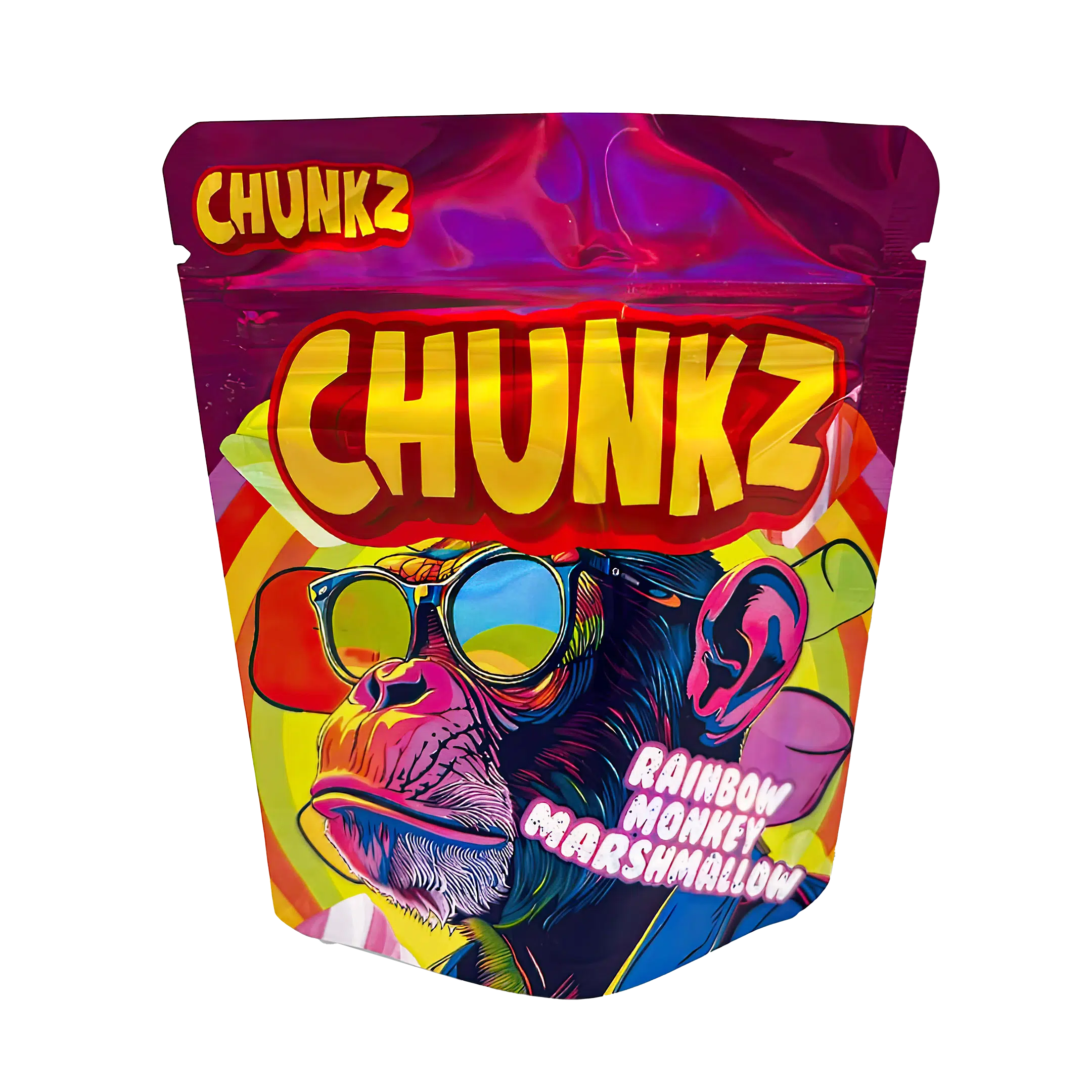 3.5 Gram Mylar Bag – Premium Smell-Proof Flower Packaging – Chunkz Rainbow Monkey Marshmallow (50 Count) MB-35G-055