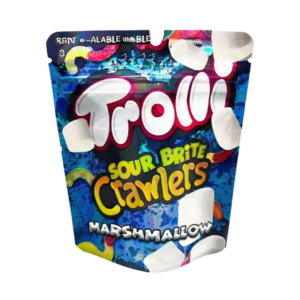 3.5 Gram Mylar Bag – Premium Smell-Proof Flower Packaging - Troll - Sour Brite Crawlers Marshmallow (50 Count) MB-35G-060