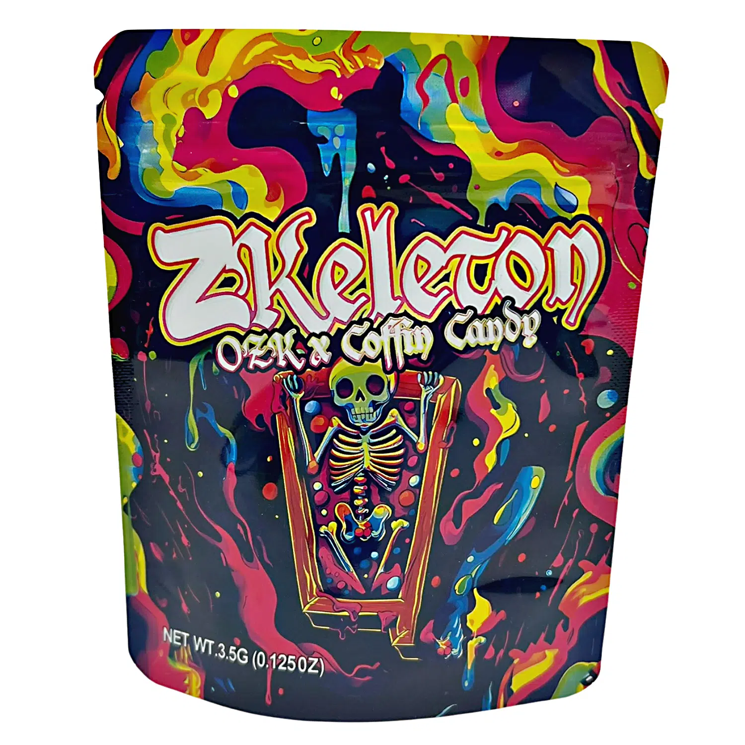 3.5 Gram Mylar Bag – Premium Smell-Proof Flower Packaging – Zkeleton OZK X Coffin Candy (50 Count) MB-35G-090