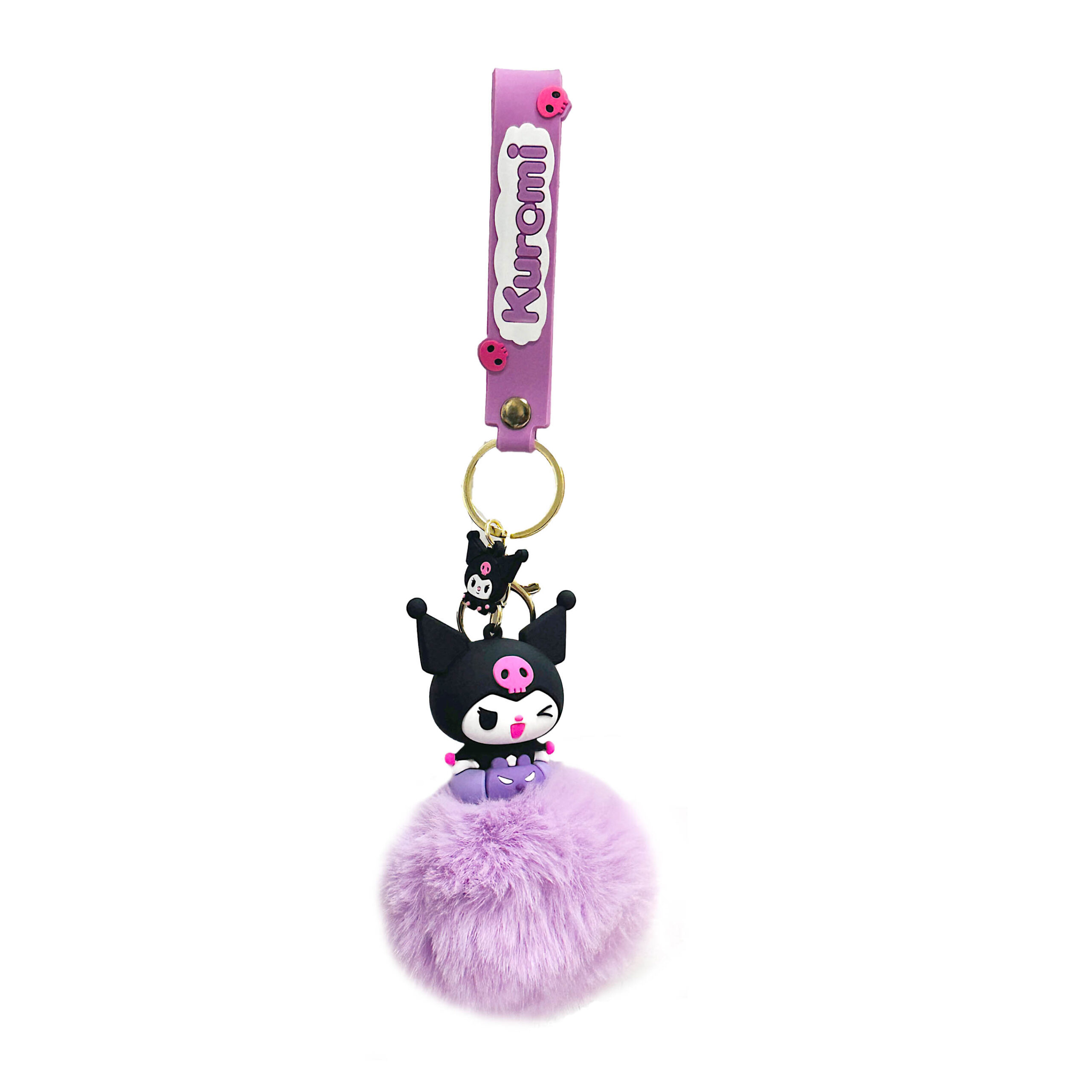 PSK-114 Pom Pom Puffy Keychain with Silicone Band – Kuromi Lavender Left Eye Wink