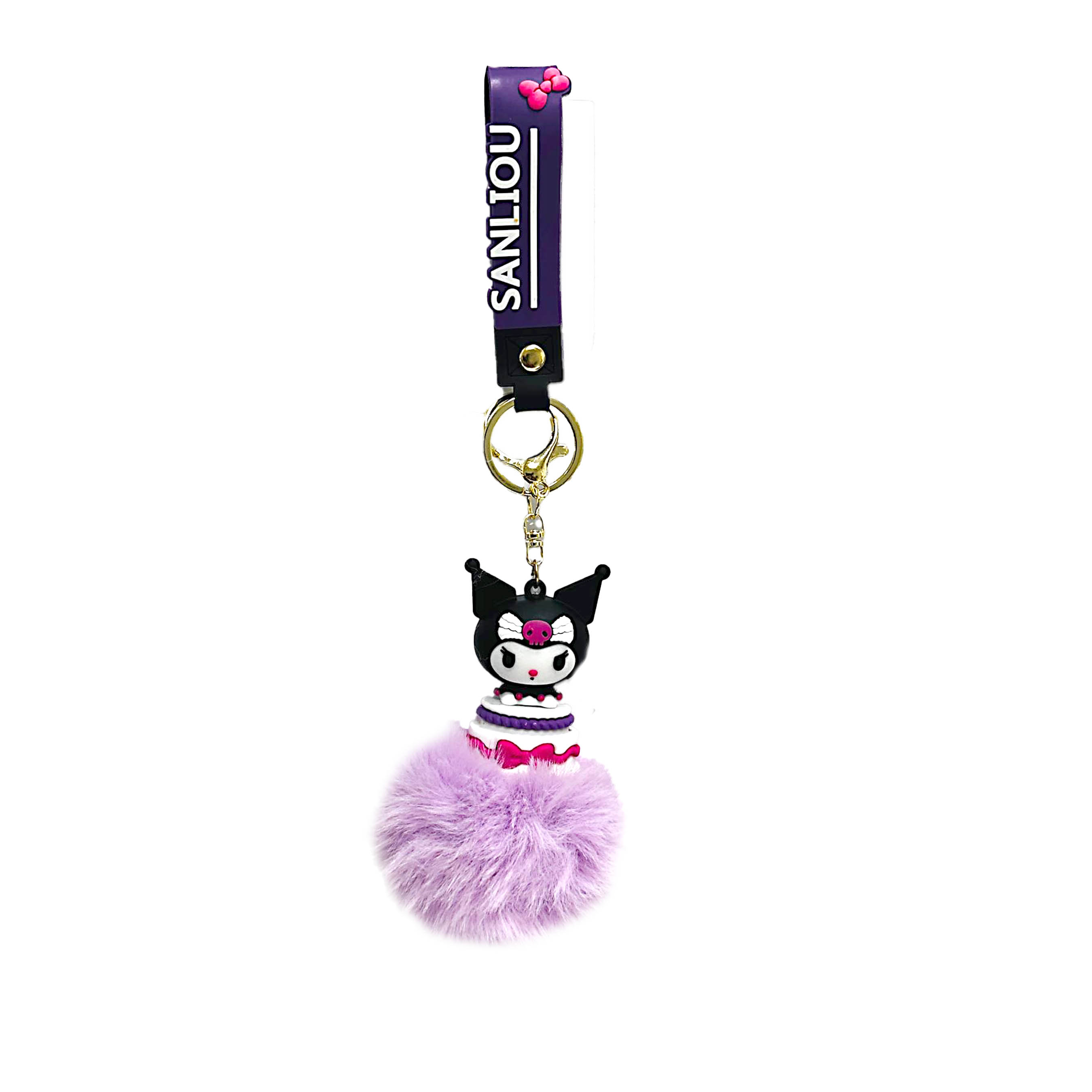 PSK-116 Pom Pom Puffy Keychain with Silicone Band – Kuromi Lavender Sitting on Birthday Cake