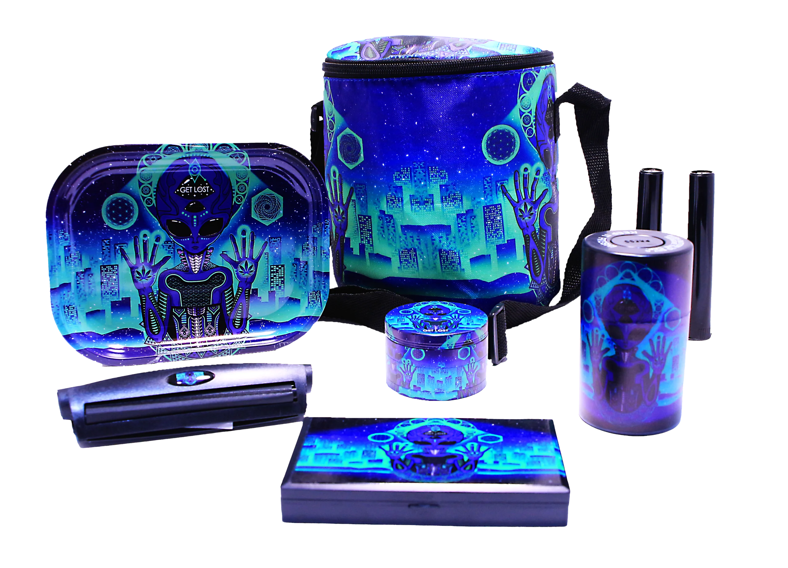 SB-GS-002 – Get Lost 7-in-1 Scale Bag Gift Set – Premium Smoking Essentials All-in-One (Purple Alien)
