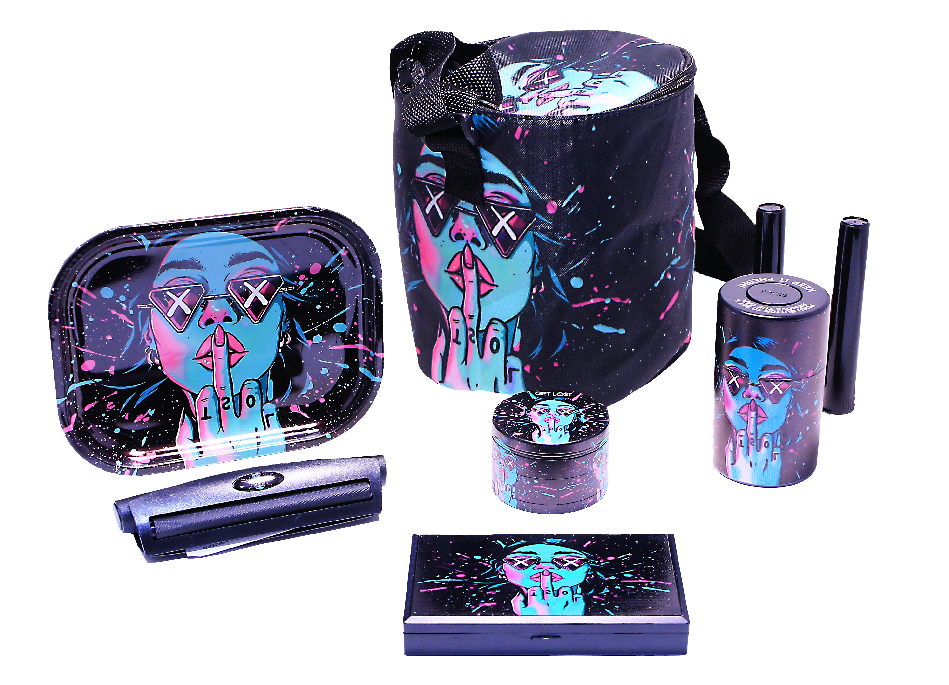 SB-GS-003 – Get Lost 7-in-1 Scale Bag Gift Set – Premium Smoking Essentials All-in-One (Blue Girl Middle Finger)