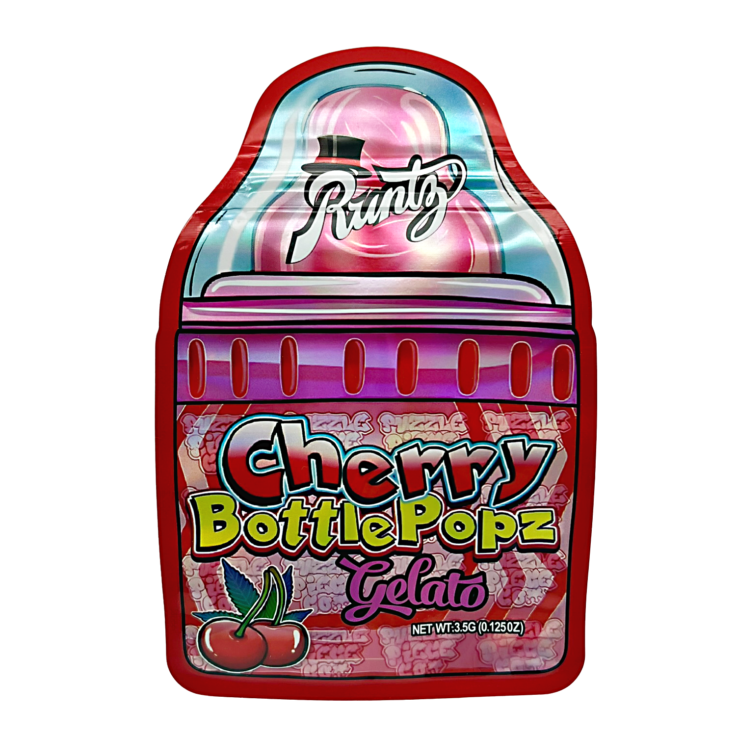 3.5g Shaped Mylar Bag – Premium Smell-Proof Flower Packaging – Runtz Cherry Bottle Popz Gelato (50 Count) SMB-35G-059