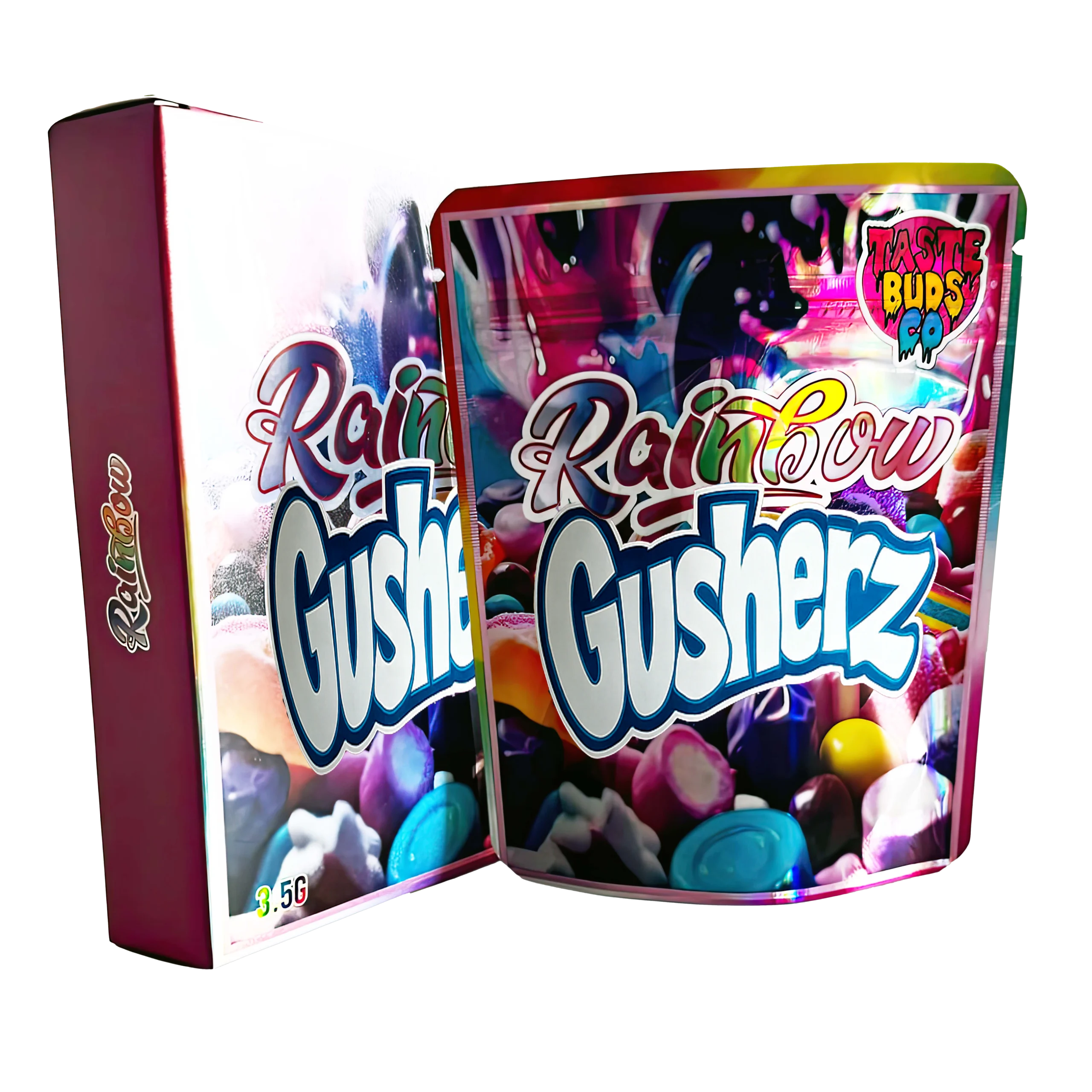 Bag-n-Box 3.5g Mylar Packaging Set – (25 Count Bags) + (25 Count) Display Boxes – Rainbow Gusherz BAGNBOX-020