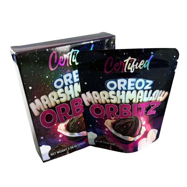 Bag-n-Box 3.5g Mylar Packaging Set – (25 Count Bags) + (25 Count) Display Boxes - Certified Oreoz MarshMallow Orbitz BAGNBOX-046