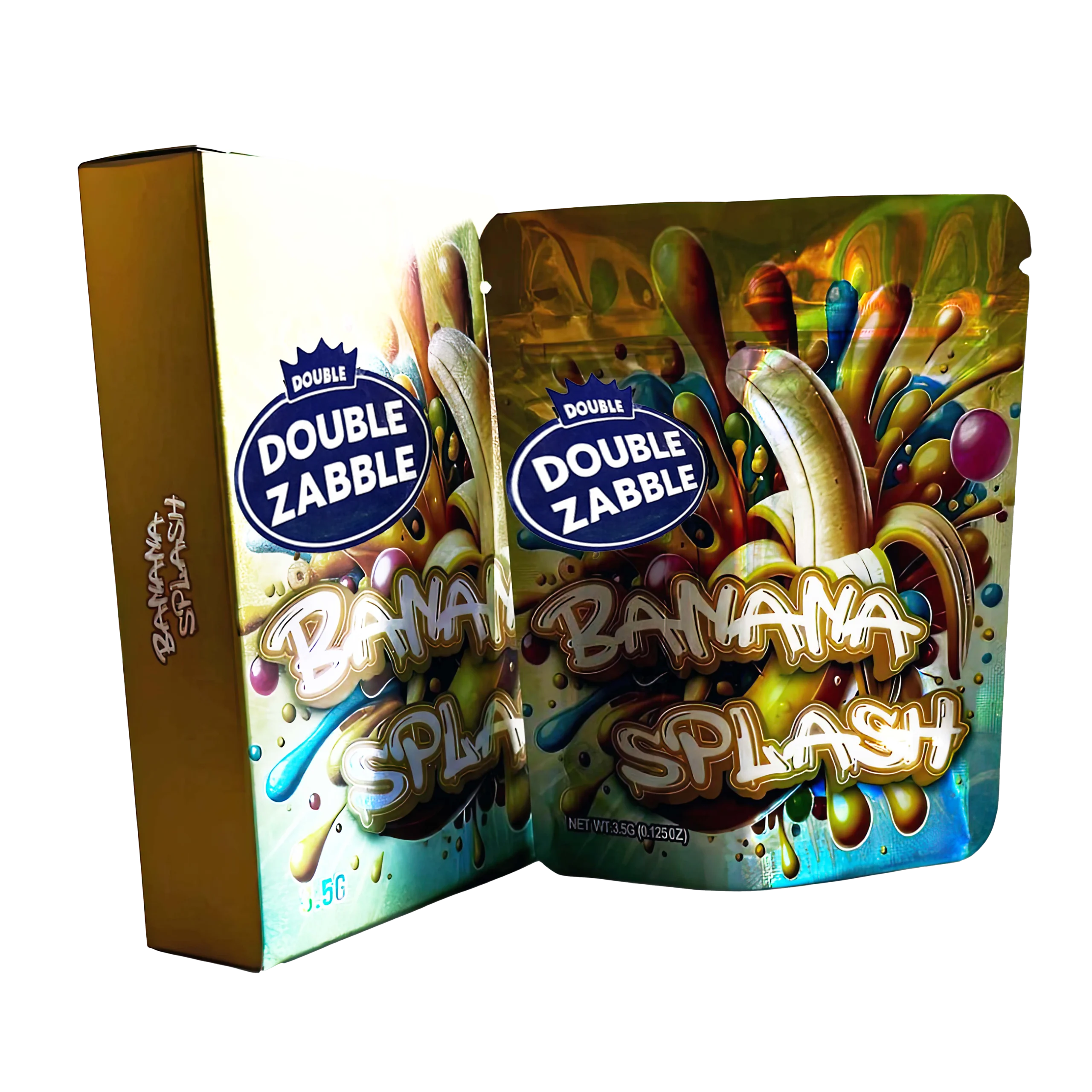 Bag-n-Box 3.5g Mylar Packaging Set – (25 Count Bags) + (25 Count) Display Boxes – Double Zabble Banana Splash BAGNBOX-047