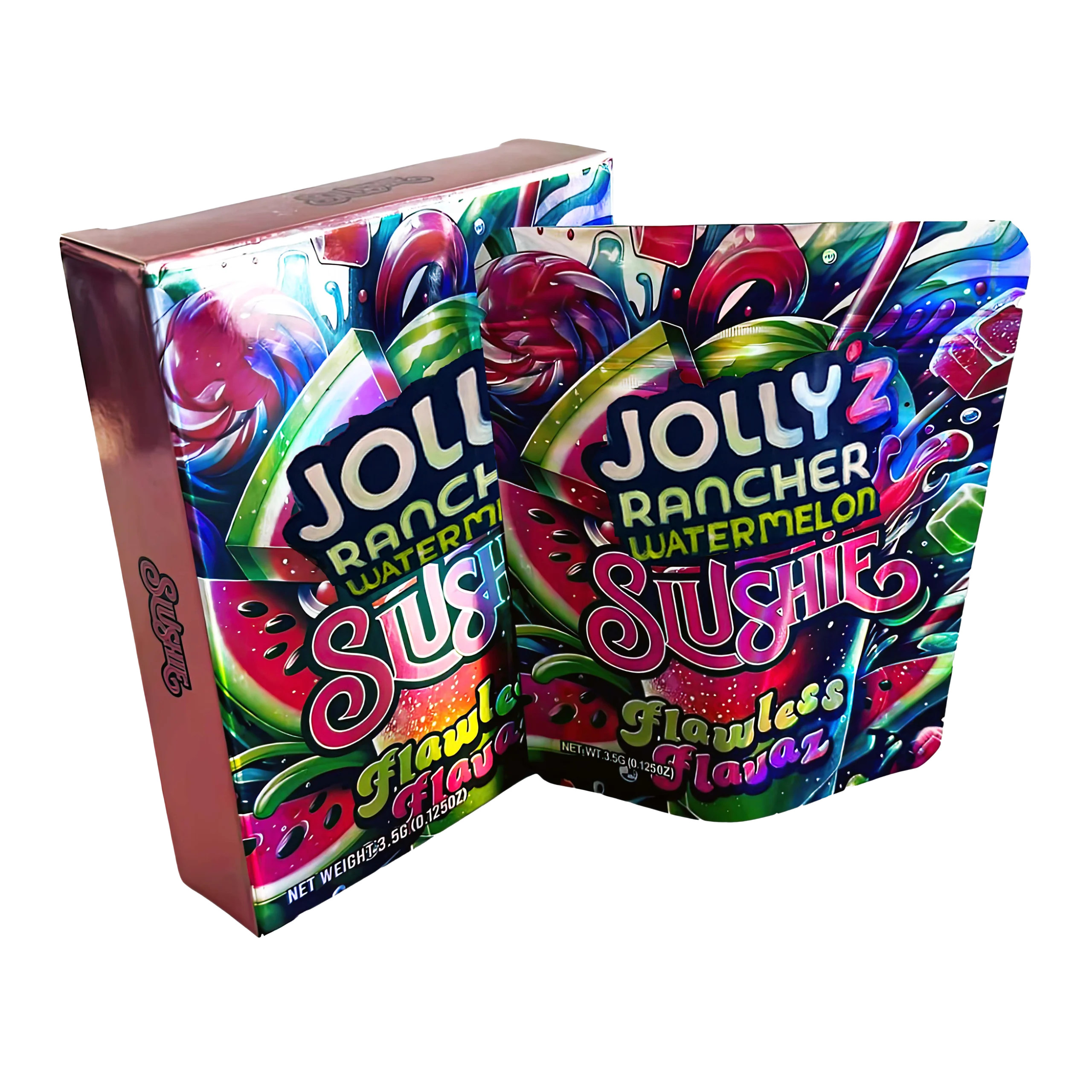 Bag-n-Box 3.5g Mylar Packaging Set – (25 Count Bags) + (25 Count) Display Boxes – Jollyz Rancher Watermelon Slushie BAGNBOX-056