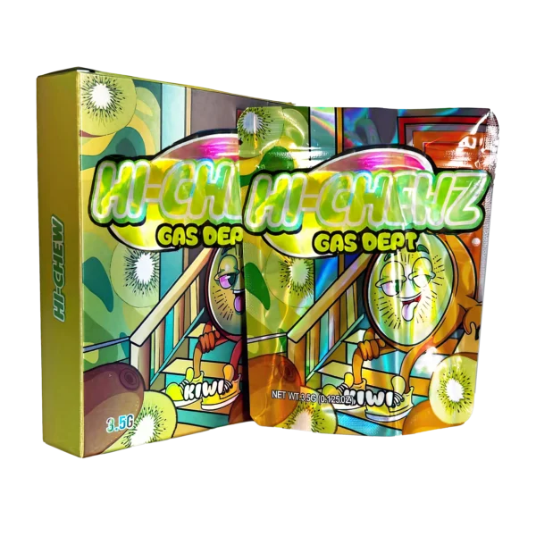 Bag-n-Box 3.5g Mylar Packaging Set – (25 Count Bags) + (25 Count) Display Boxes - Hi-Chewz Gas Dept Kiwi BAGNBOX-078