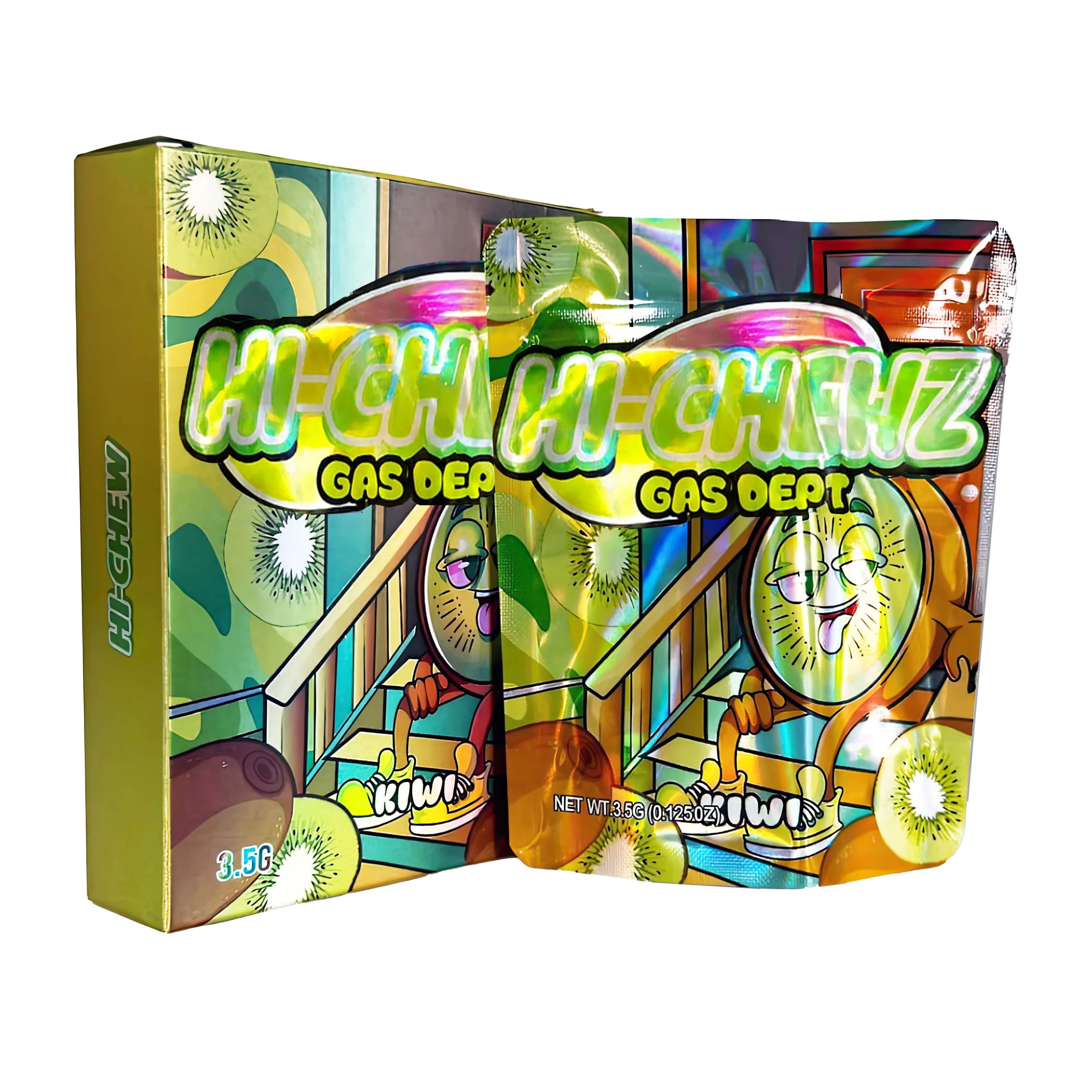 Bag-n-Box 3.5g Mylar Packaging Set – (25 Count Bags) + (25 Count) Display Boxes – Hi-Chewz Gas Dept Kiwi BAGNBOX-078