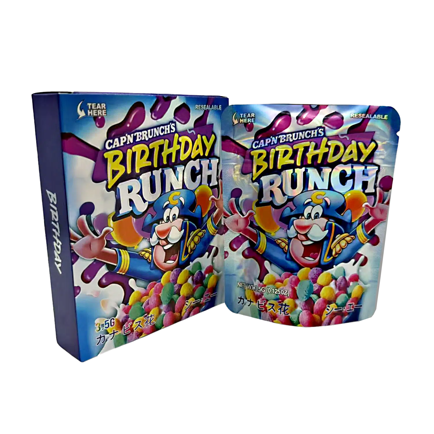 Bag-n-Box 3.5g Mylar Packaging Set – (25 Count Bags) + (25 Count) Display Boxes – Cap’n Brunch’s Birthday Runch BAGNBOX-086