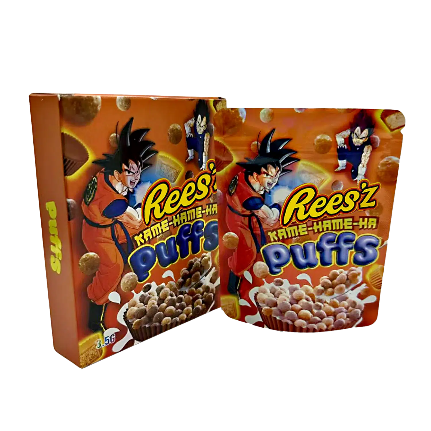 Bag-n-Box 3.5g Mylar Packaging Set – (25 Count Bags) + (25 Count) Display Boxes – Rees’z Kame-Hame-Ha Puffs BAGNBOX-096