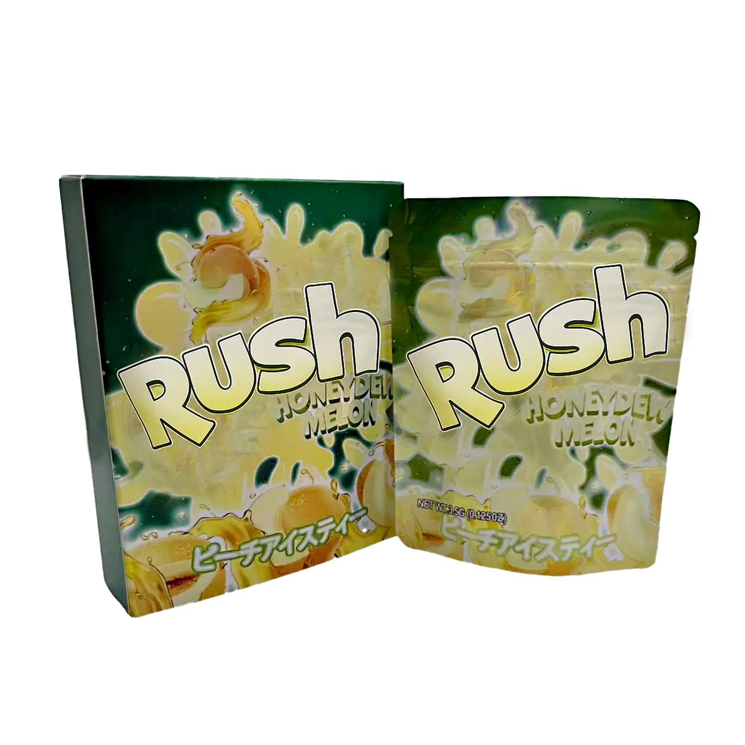 Bag-n-Box 3.5g Mylar Packaging Set – (25 Count Bags) + (25 Count) Display Boxes – Rush Honeydew Melon BAGNBOX-097
