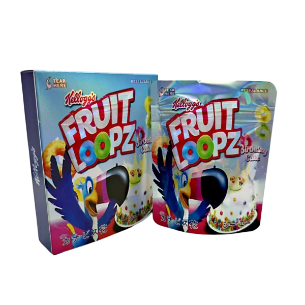 Bag-n-Box 3.5g Mylar Packaging Set – (25 Count Bags) + (25 Count) Display Boxes - Kellogg's Fruit Loopz Birthday Cake BAGNBOX-103