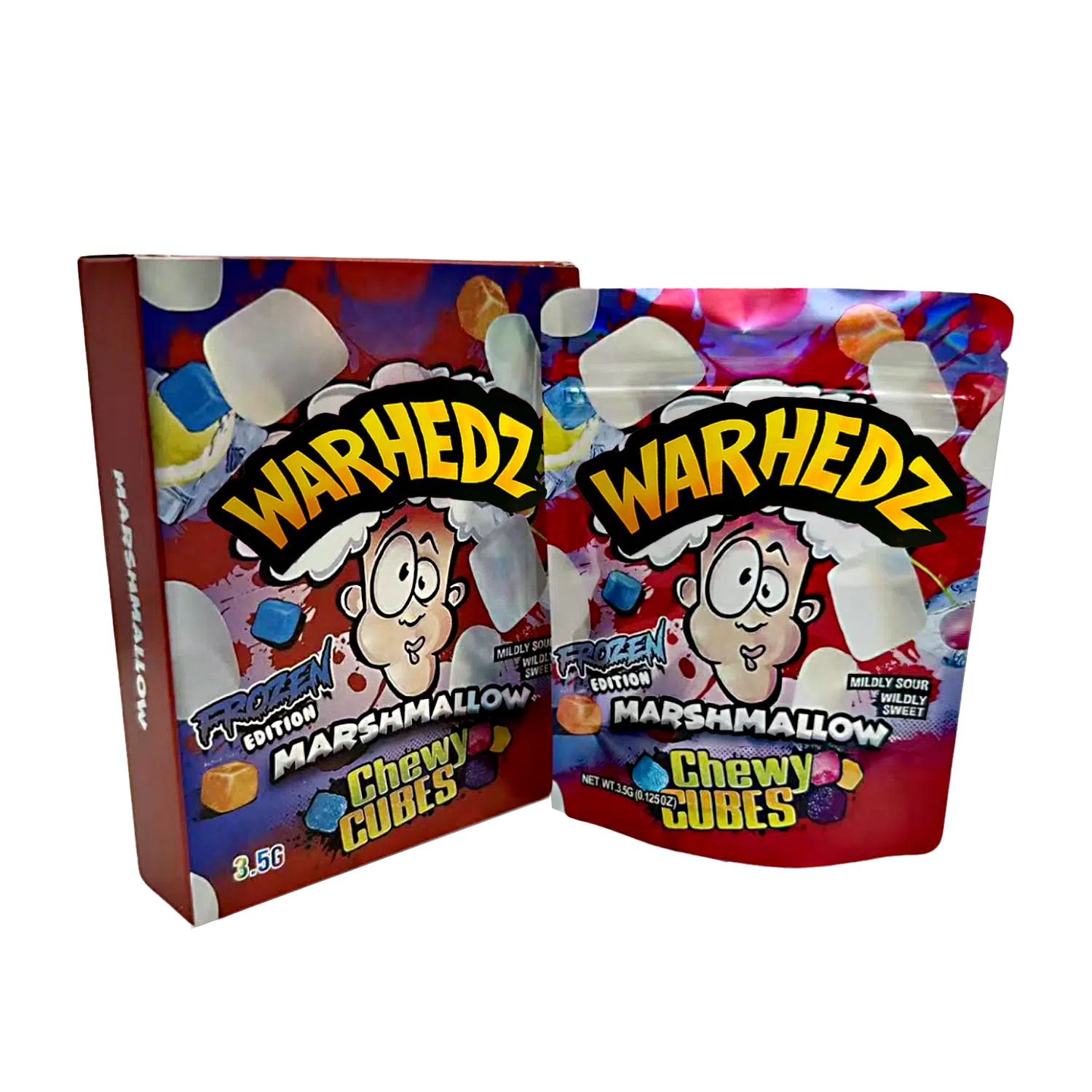 Bag-n-Box 3.5g Mylar Packaging Set – (25 Count Bags) + (25 Count) Display Boxes – Warhedz Marshmallow Chewy Cubes BAGNBOX-107