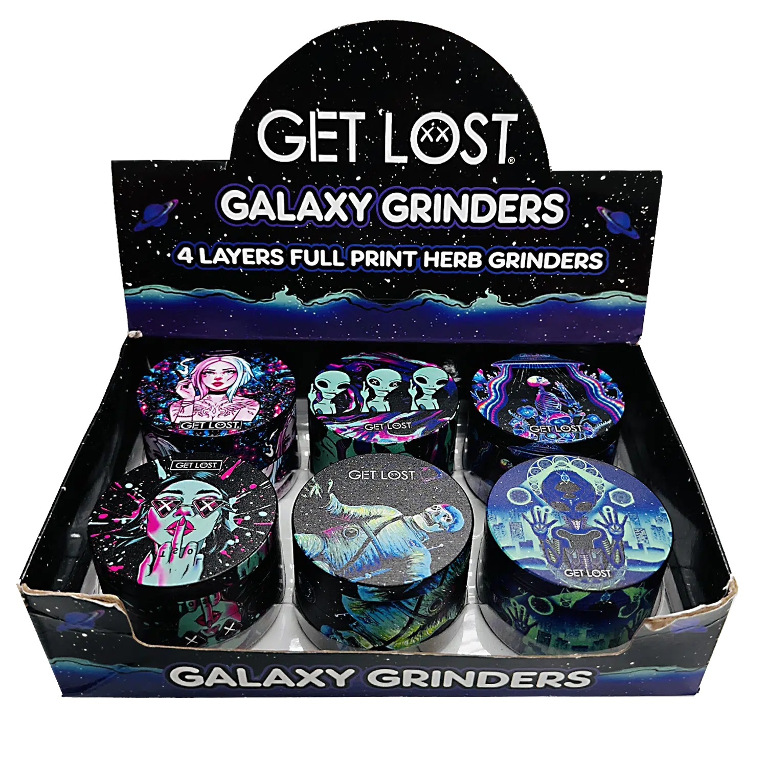 GG-63-008 – Get Lost Galaxy Grinders 4 Layers Full Print Herb Grinders – 63mm (6 Count) Set 08