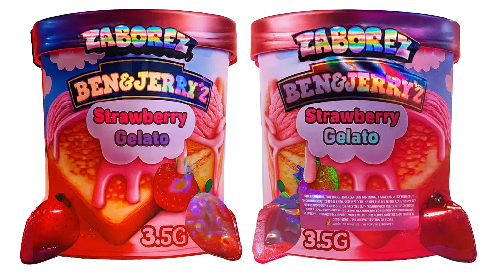 3.5g Shaped Mylar Bag – Premium Smell-Proof Flower Packaging – Zabores Ben & Jerryz Strawberry Gelato (50 Count) JSMB-35G-002