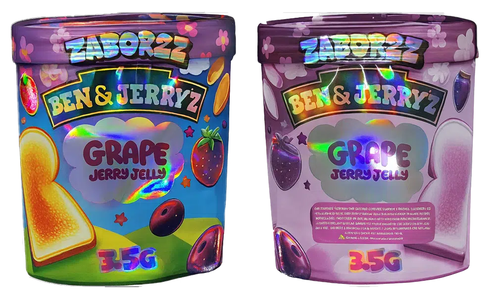 3.5g Shaped Mylar Bag – Premium Smell-Proof Flower Packaging – Zabores Ben & Jerryz Grape Jerry Jelly (50 Count) JSMB-35G-016
