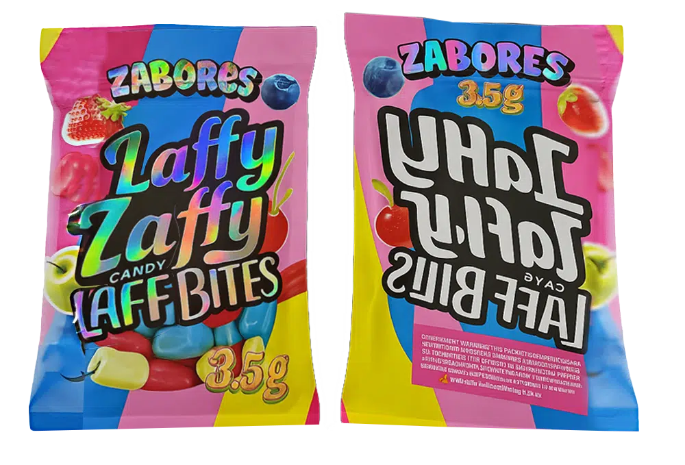 3.5g Shaped Mylar Bag – Premium Smell-Proof Flower Packaging – Zabores – Laffy Taffy Candy Laff Bites (50 Count) JSMB-35G-031