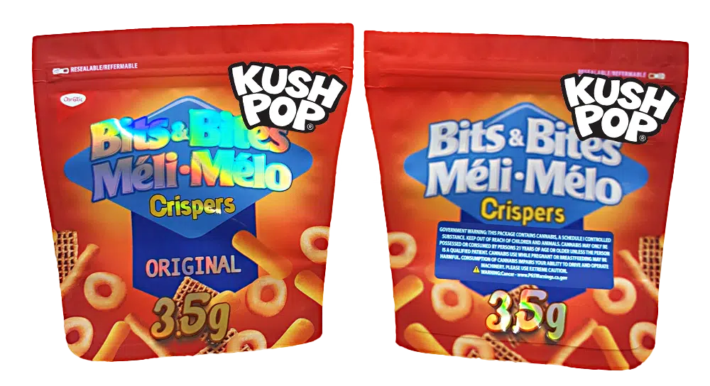 3.5g Shaped Mylar Bag – Premium Smell-Proof Flower Packaging – Kush Pop Bits & Bites Meli Melo Crispers (50 Count) JSMB-35G-042