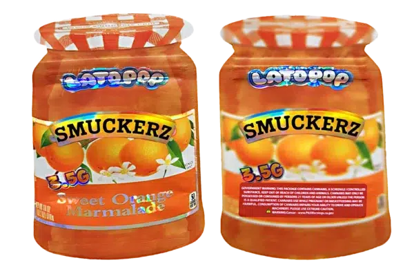 3.5g Shaped Mylar Bag – Premium Smell-Proof Flower Packaging - Latopop Smuckerz Sweet Orange Marmalade (50 Count) JSMB-35G-047