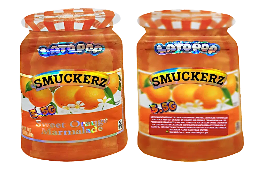 3.5g Shaped Mylar Bag – Premium Smell-Proof Flower Packaging – Latopop Smuckerz Sweet Orange Marmalade (50 Count) JSMB-35G-047