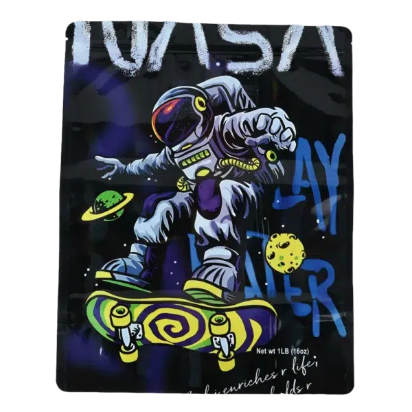 1 Pound Mylar Bag – Premium Smell-Proof Flower Packaging -  NASA Astronaut Skateboarding (25Count) MB-1LB-002