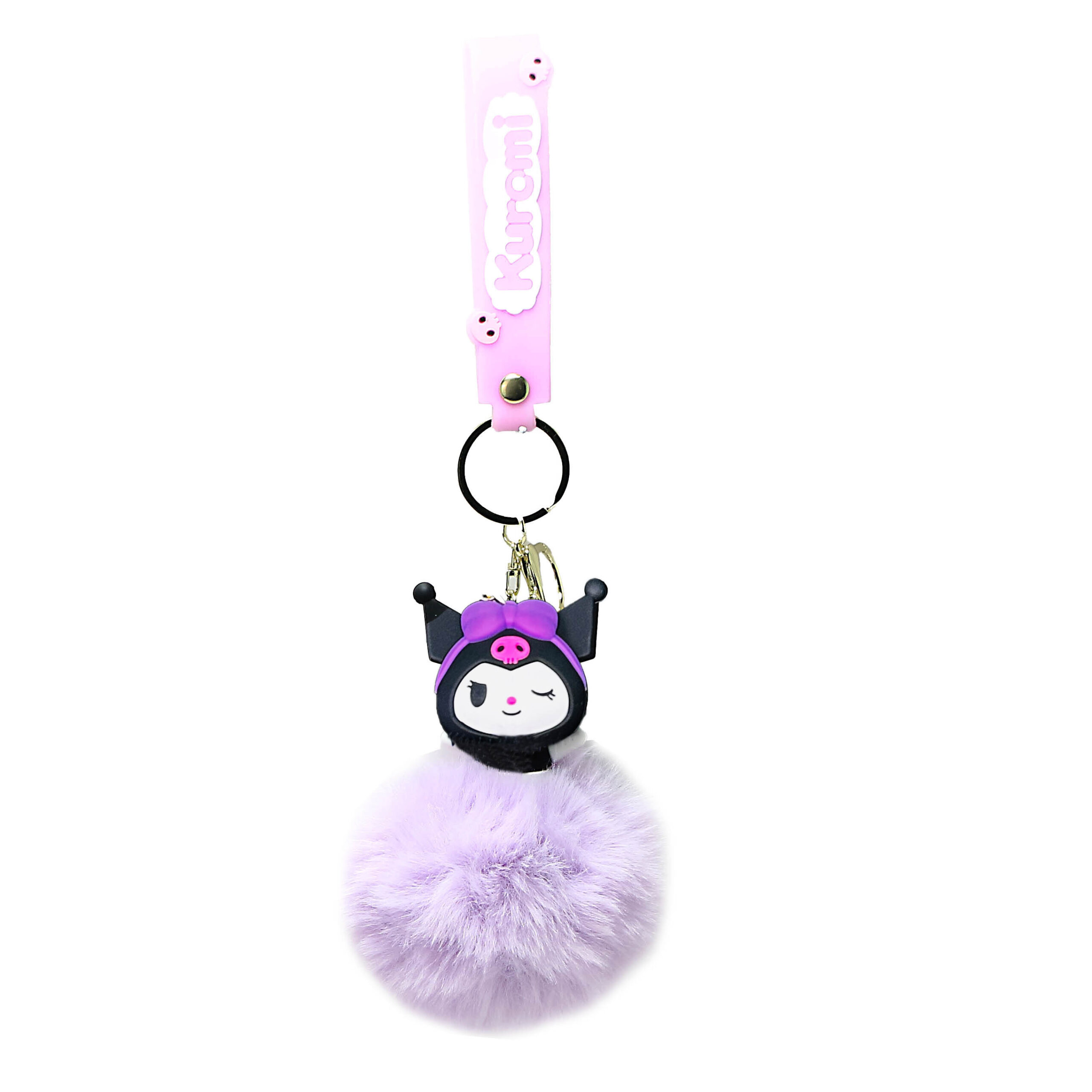 PSK-069 Pom Pom Puffy Keychain with Silicone Band – Kuromi Lavender Winking