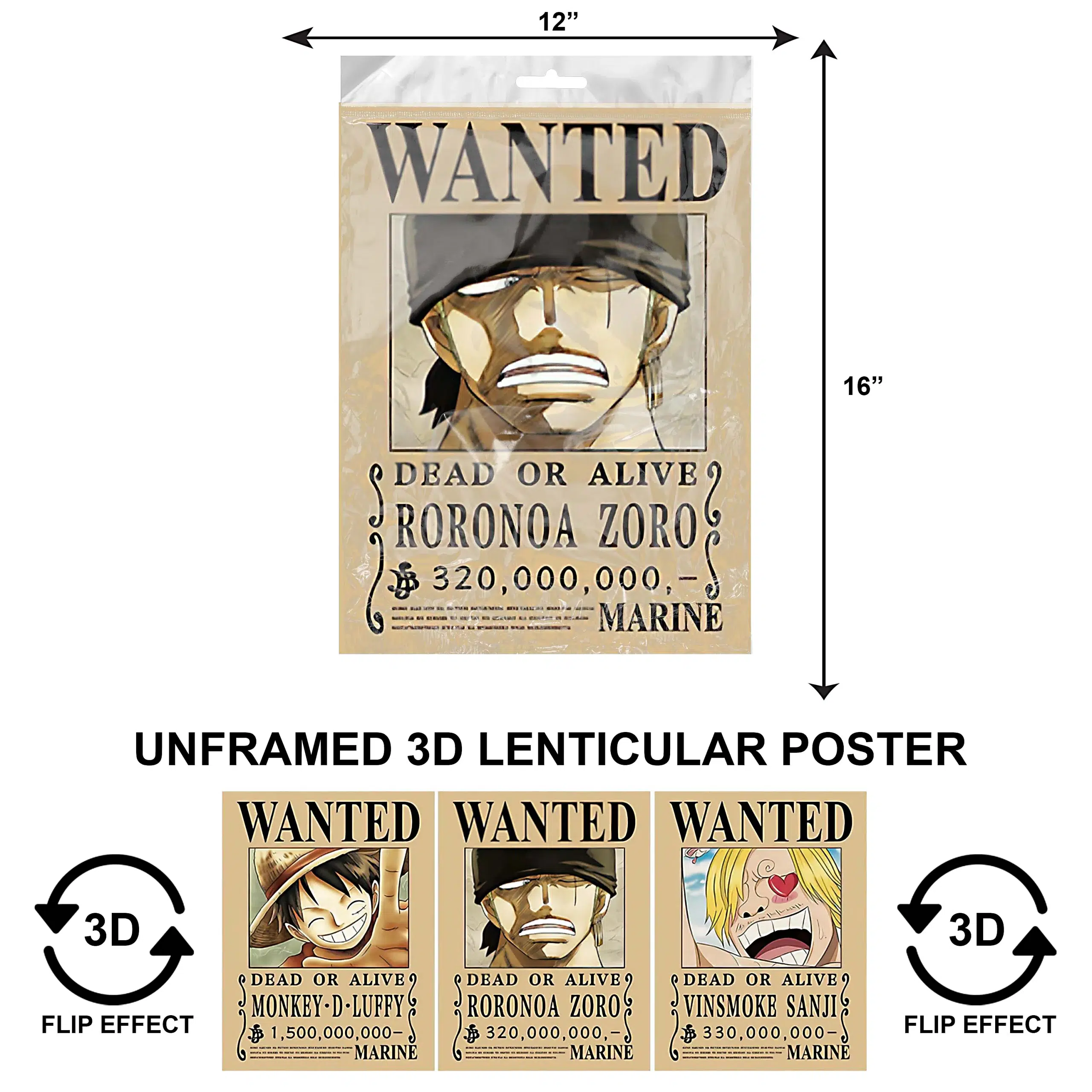 3DPNF-052 Anime – Wanted – Luffy, Zoro, Sanji UnFramed Poster