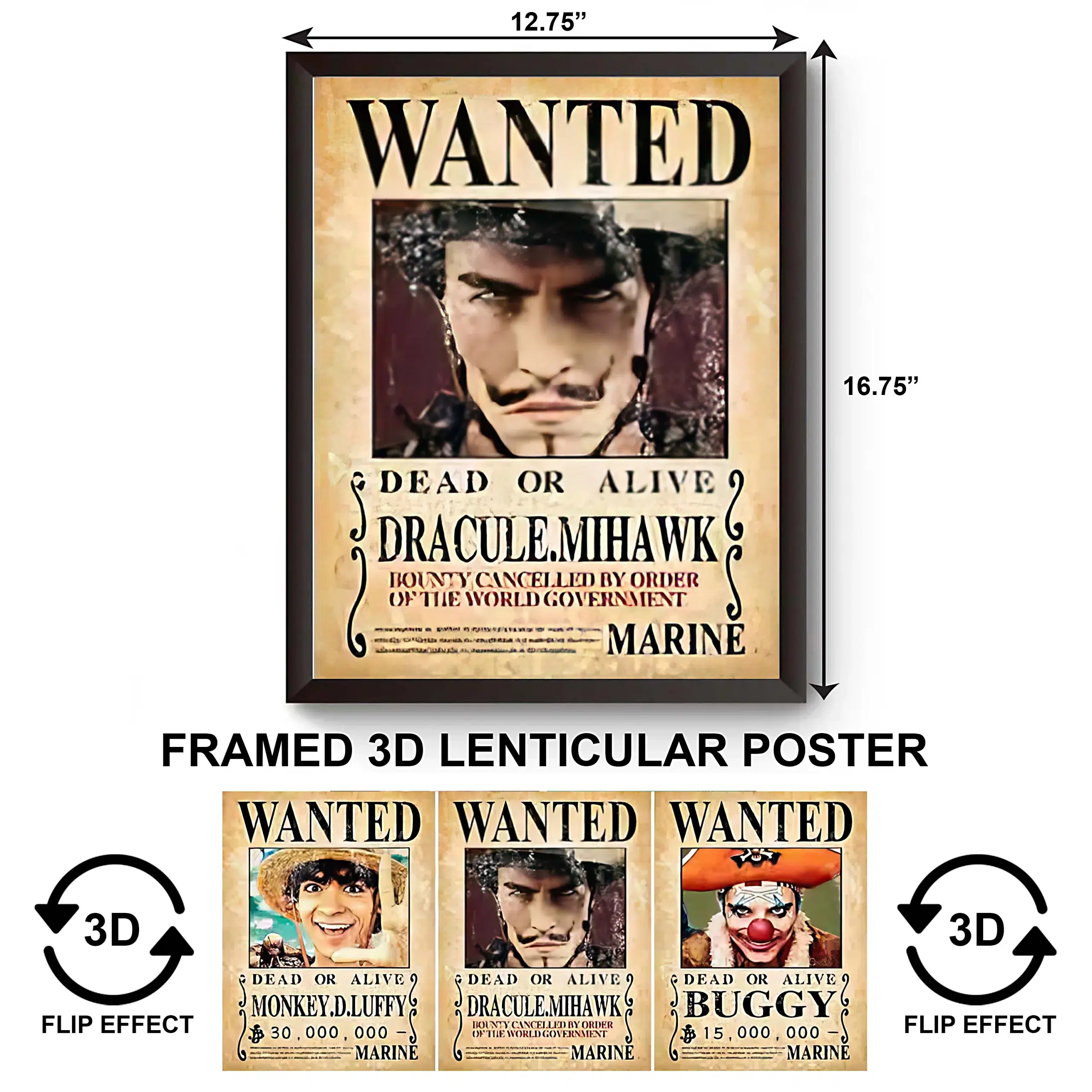 3DPWF-030 Anime – Wanted – Luffy, Mihawk, Buggy Framed Poster