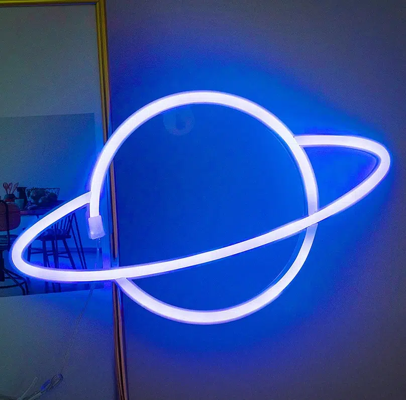 SNL-022 – Small Neon Hanging Light – Planet Saturn Blue