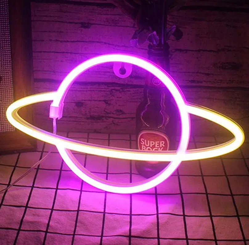 SNL-022PY – Small Neon Hanging Light – Planet Saturn Pink Yellow