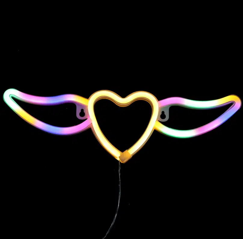 SNL-054 – Small Neon Hanging Light – Heart and Wings Multi