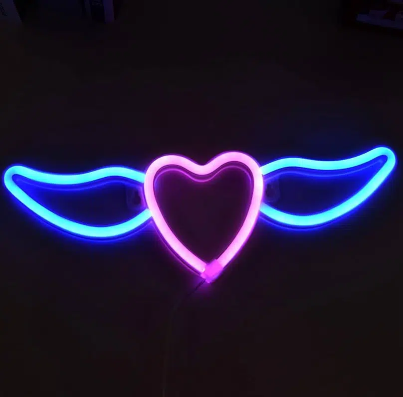 SNL-054BP – Small Neon Hanging Light – Heart and Wings Blue Pink