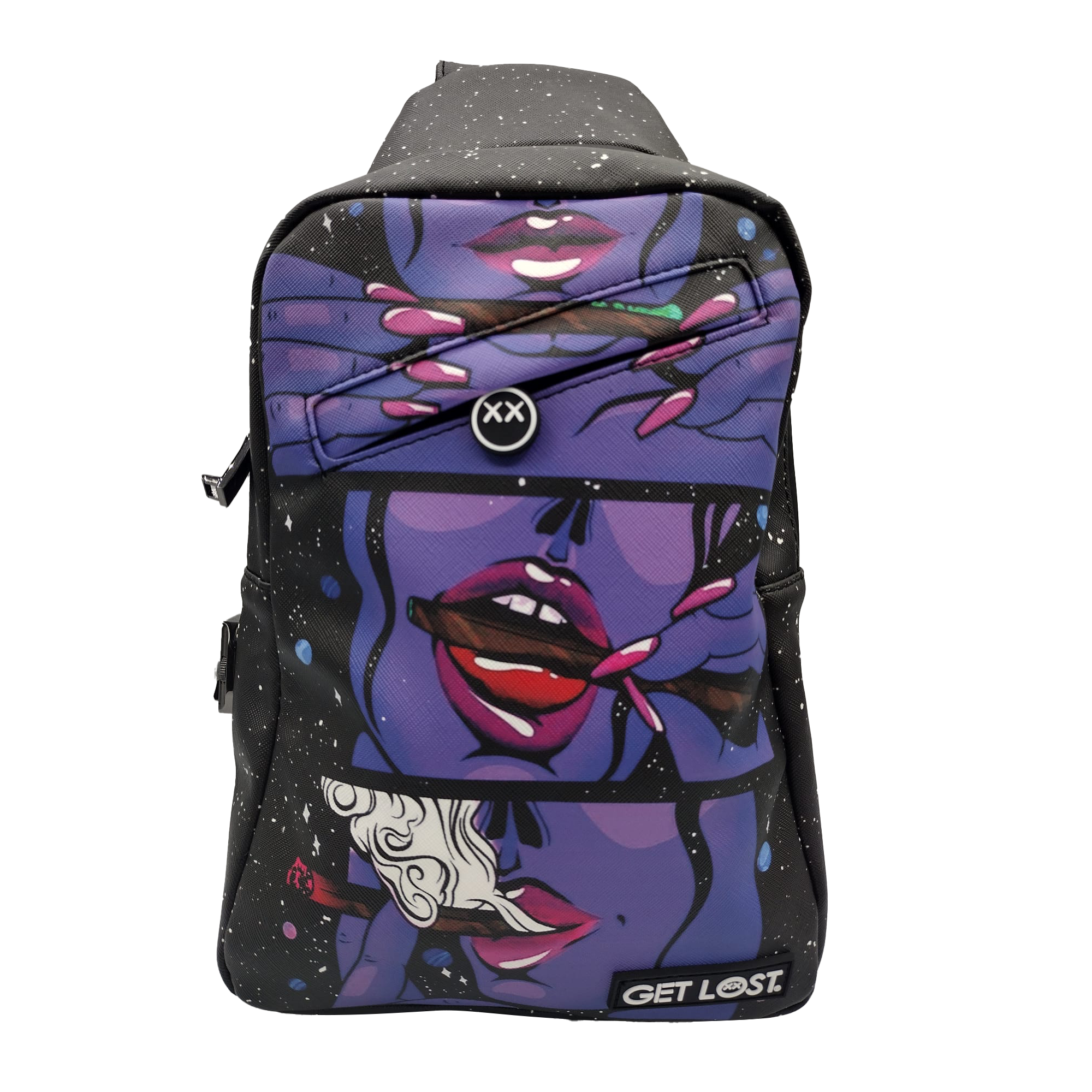 SB-SL-006 Get Lost – Premium Saffiano Leather Shoulder Bag (Purple Girl Rolling)