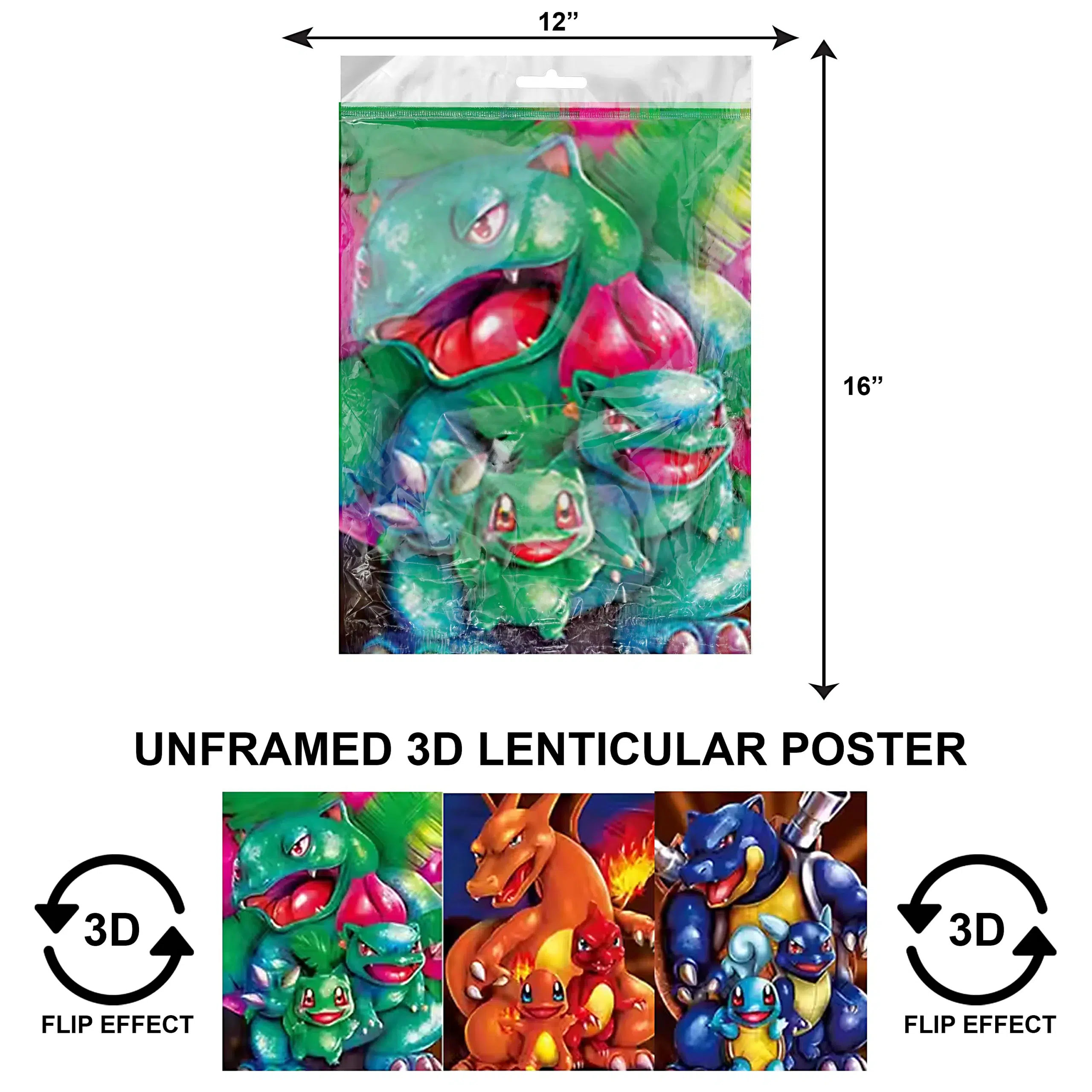3DPNF-122 Anime – Pokemon – Bulbasaur, Charmander, & Squirtle Pokemon UnFramed Poster