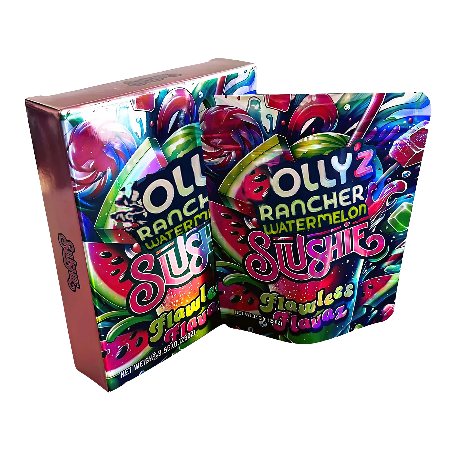 Bag-n-Box 3.5g Mylar Packaging Set – (25 Count Bags) + (25 Count) Display Boxes – Hollyz Rancher Watermelon Slushie BAGNBOX-056