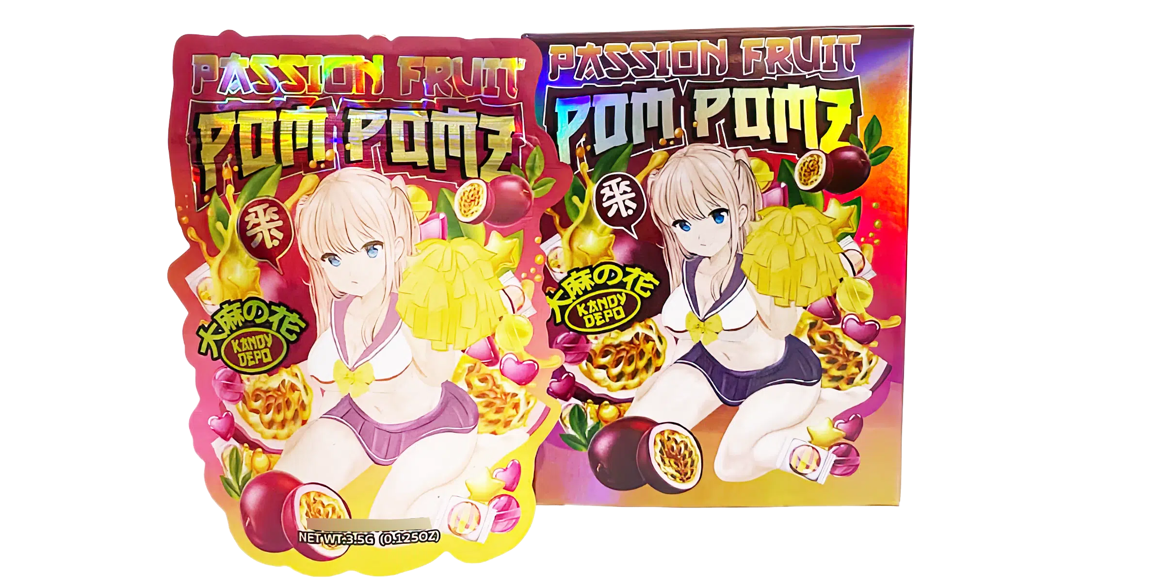 Bag-n-Box 3.5g Mylar Packaging Set (25 Count Bags + Display Boxes) – Passion Fruit Pom Pomz BNB-Shaped-010