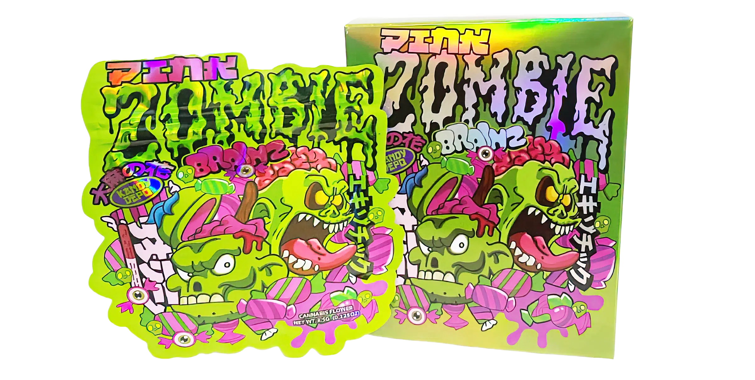 Bag-n-Box 3.5g Mylar Packaging Set (25 Count Bags + Display Boxes) – Pink Zombie Brainz BNB-Shaped-012