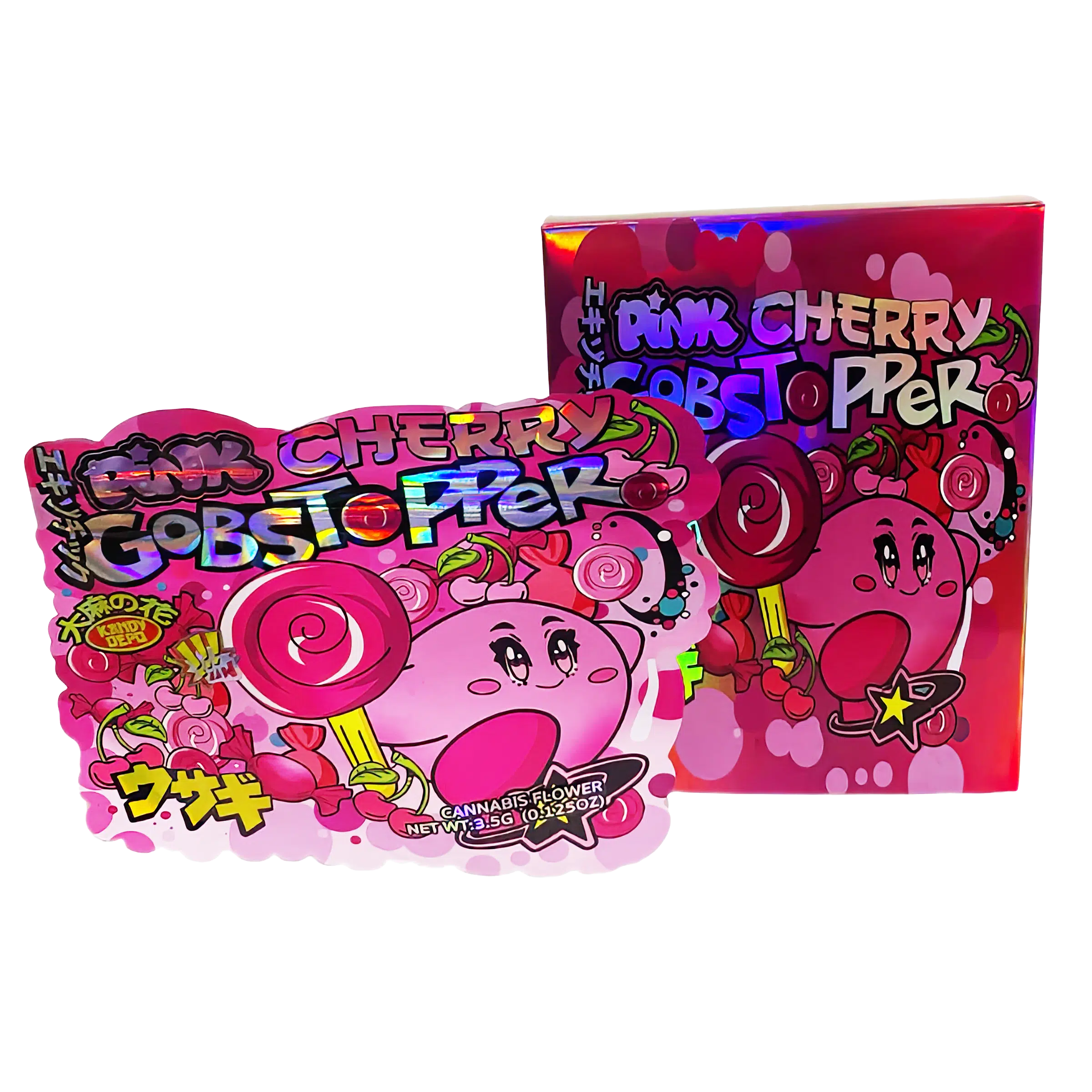 Bag-n-Box 3.5g Mylar Packaging Set (25 Count Bags + Display Boxes) – Pink Cherry Gobstopper BNB-Shaped-021