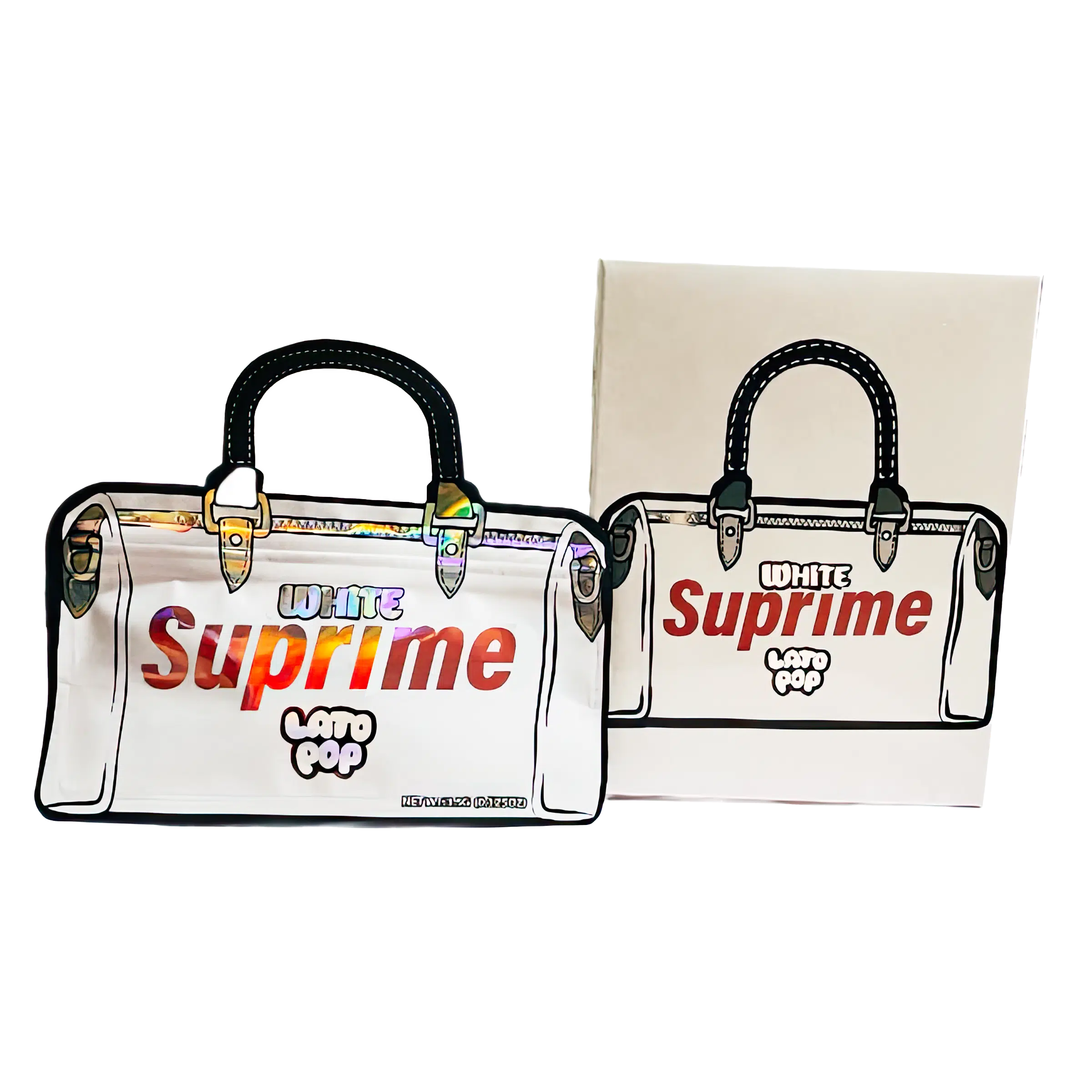 Bag-n-Box 3.5g Mylar Packaging Set (25 Count Bags + Display Boxes) – White Supreme Latopop BNB-Shaped-038
