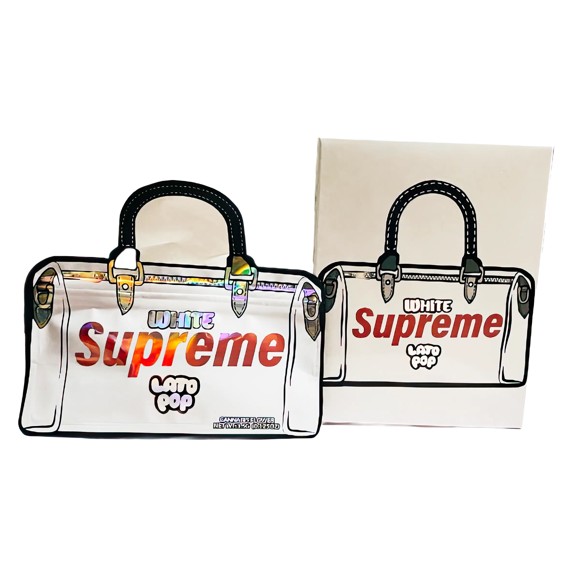 Bag-n-Box 3.5g Mylar Packaging Set (25 Count Bags + Display Boxes) – White Supreme Latopop BNB-Shaped-038
