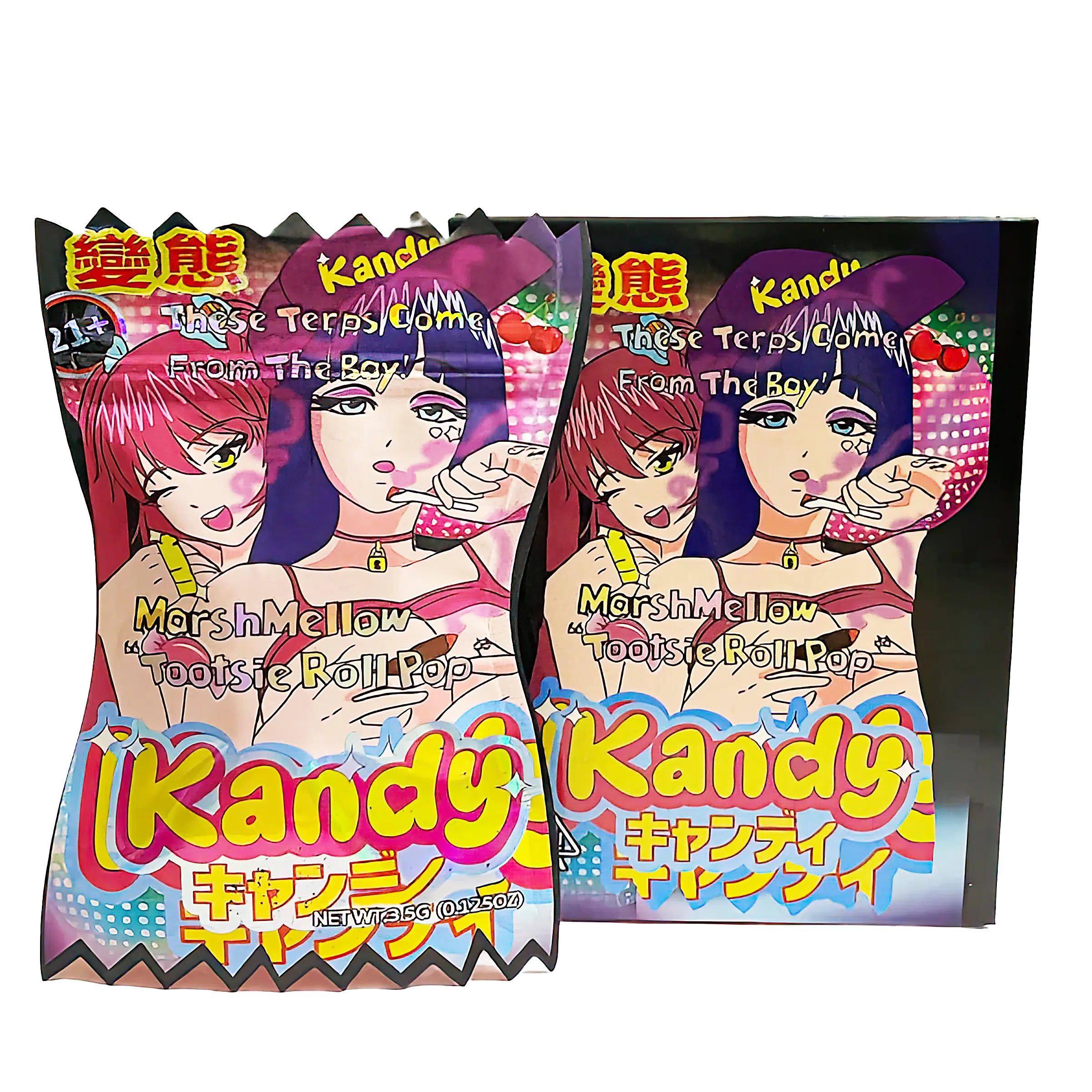 Bag-n-Box 3.5g Mylar Packaging Set (25 Count Bags + Display Boxes) – Marshmellow Tootsie Roll Pop Kandy BNB-Shaped-065