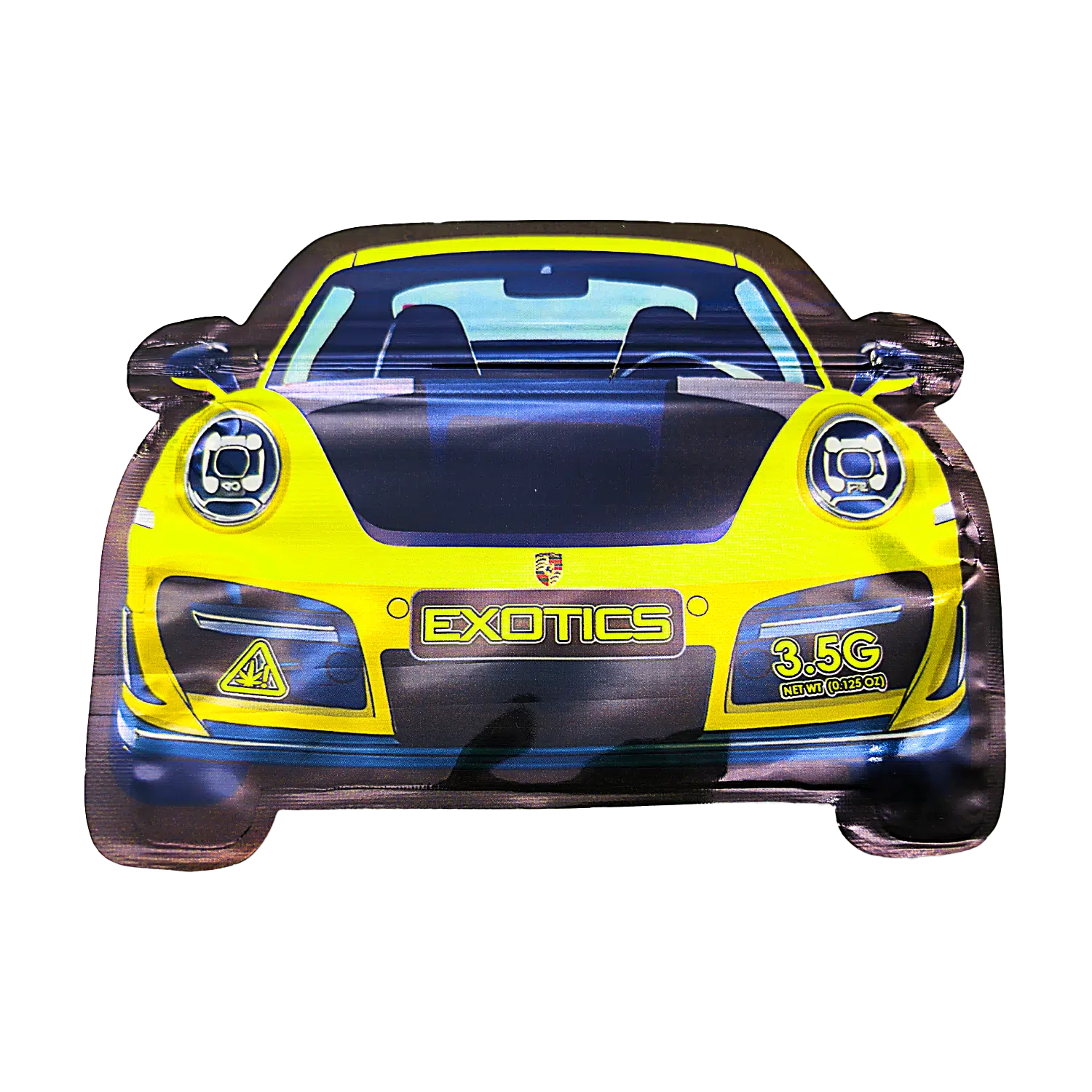 3.5g Die Cut Shaped Mylar Bag – (50 Count) Car Yellow Porsche CARSMB-35-002