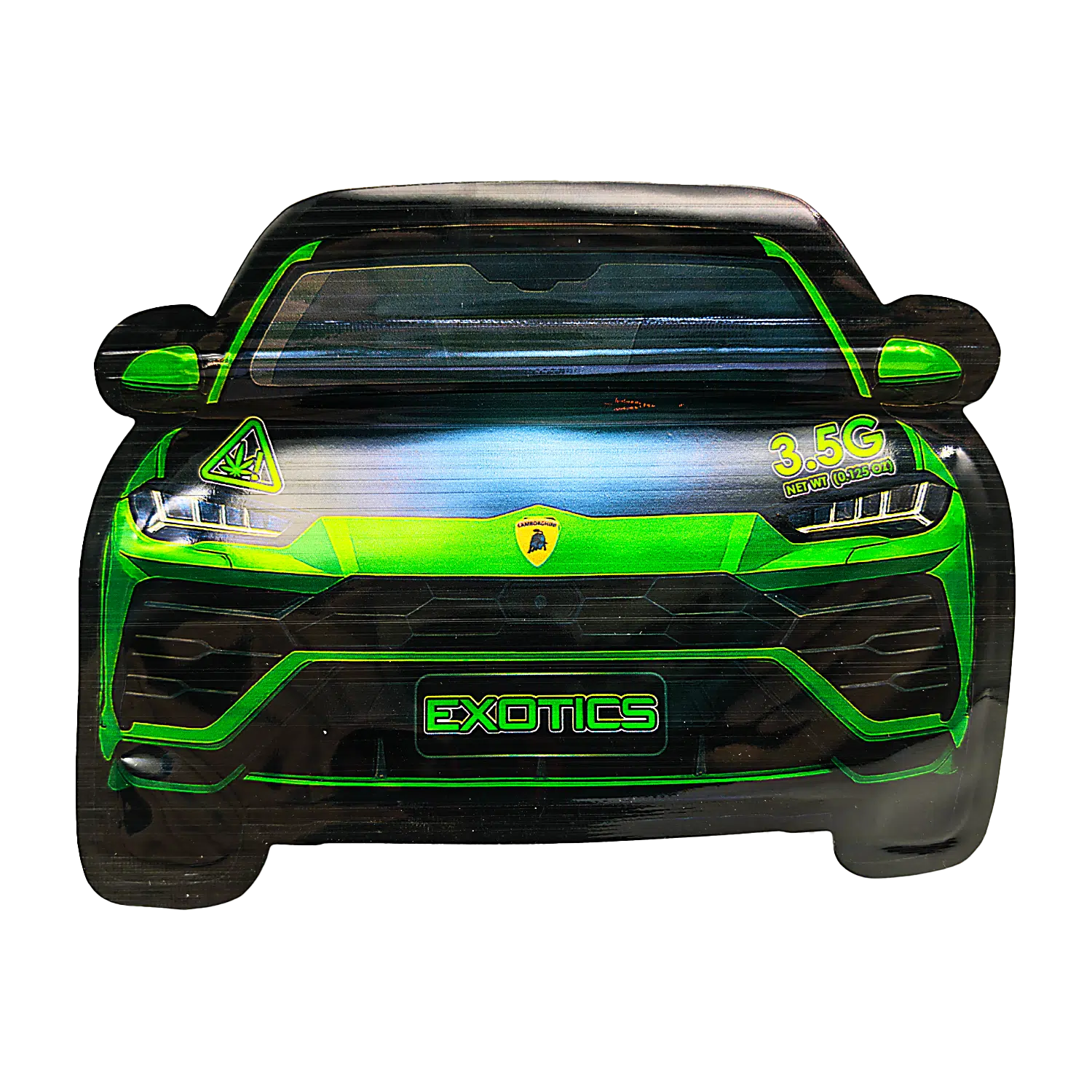 3.5g Die Cut Shaped Mylar Bag – (50 Count) Car Green Lamborghini CARSMB-35-006