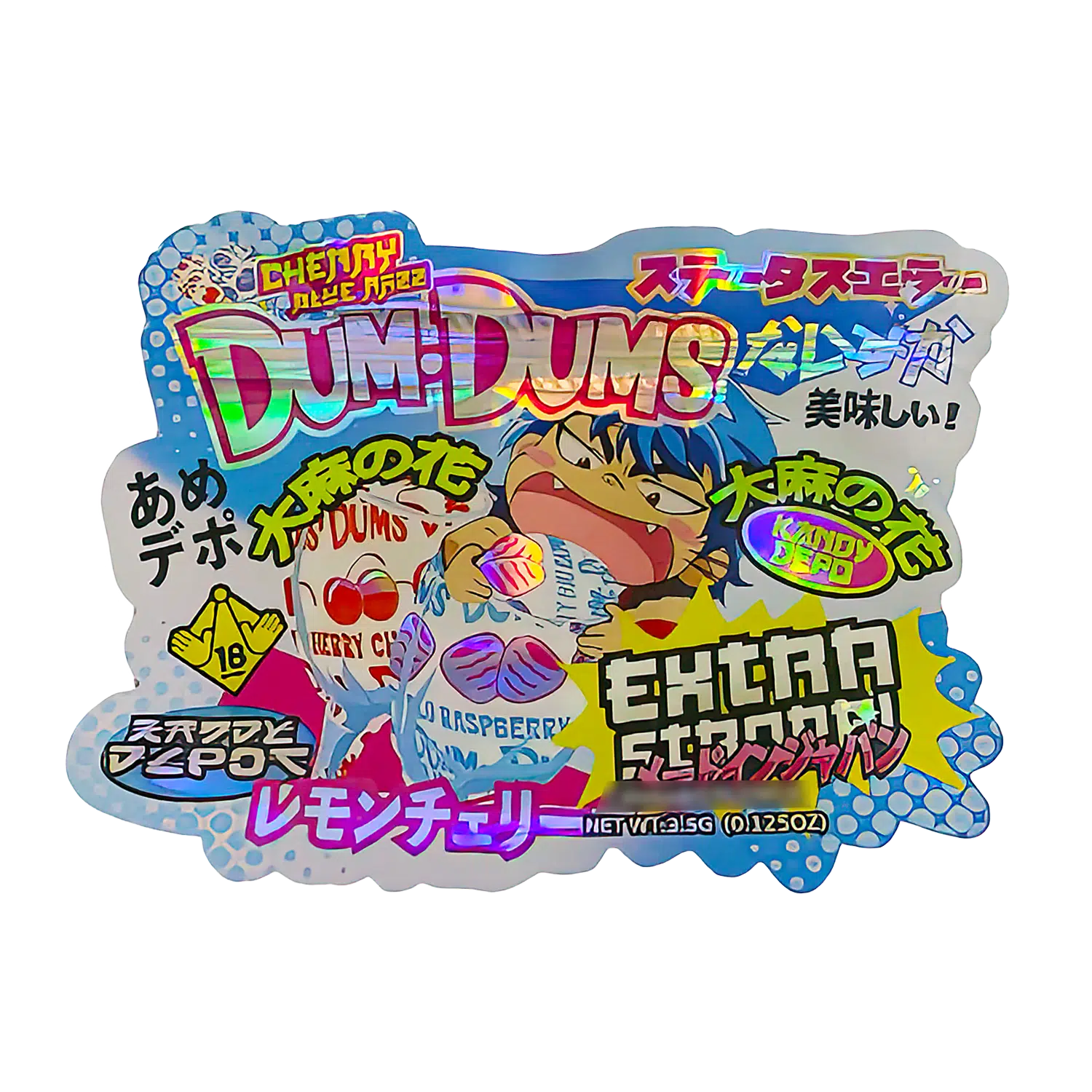 3.5g Shaped Mylar Bag (50 Count) Cherry Blue Raxx Dum Dums MB35-SHAPE-029