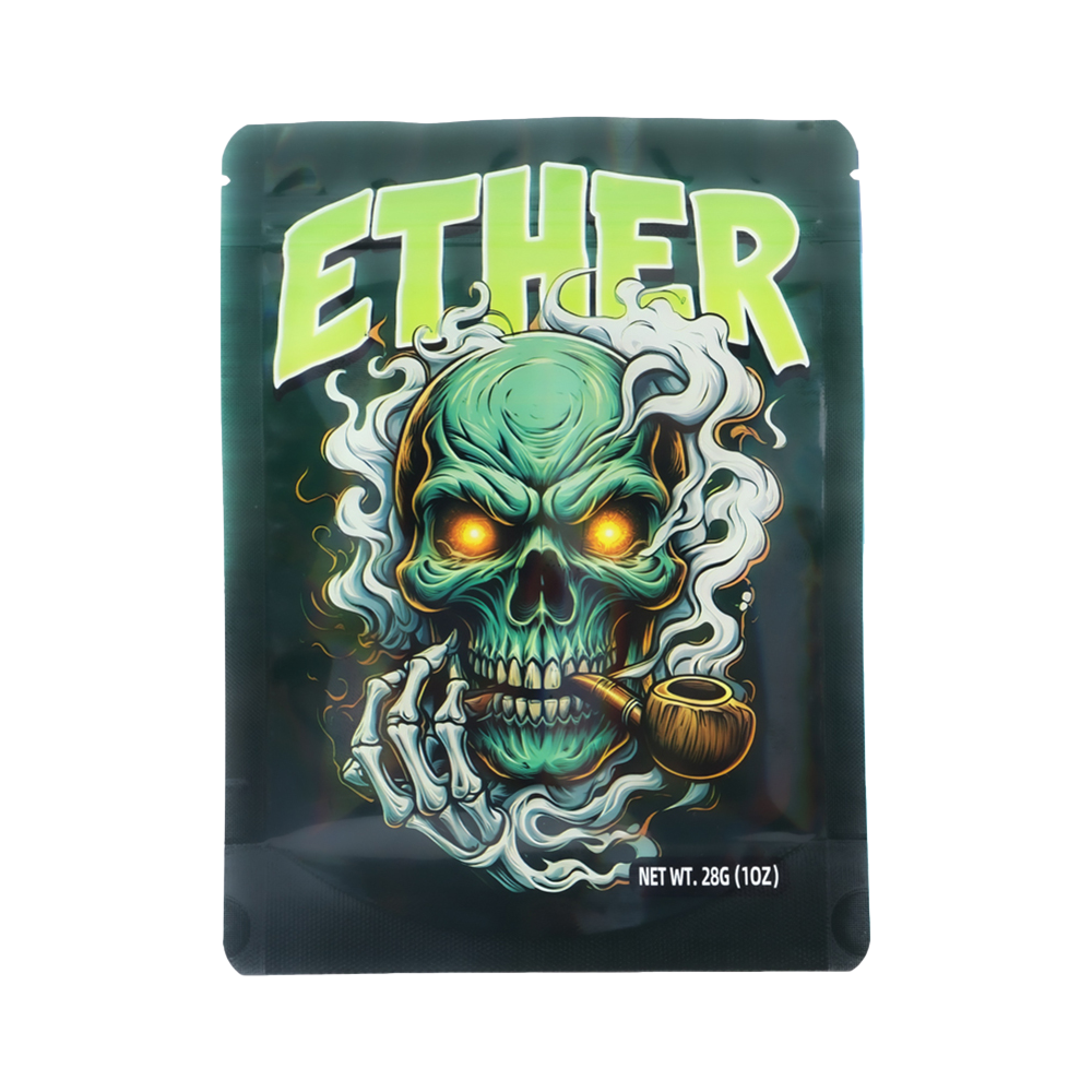 28 Gram Mylar Bag – Premium Smell-Proof Flower Packaging – Ether Green Skull (50 Count) MB-28G-008