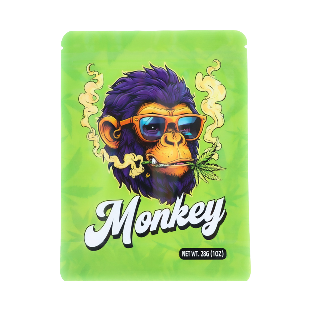 28 Gram Mylar Bag – Premium Smell-Proof Flower Packaging – Smoking Monkey (50 Count) MB-28G-012