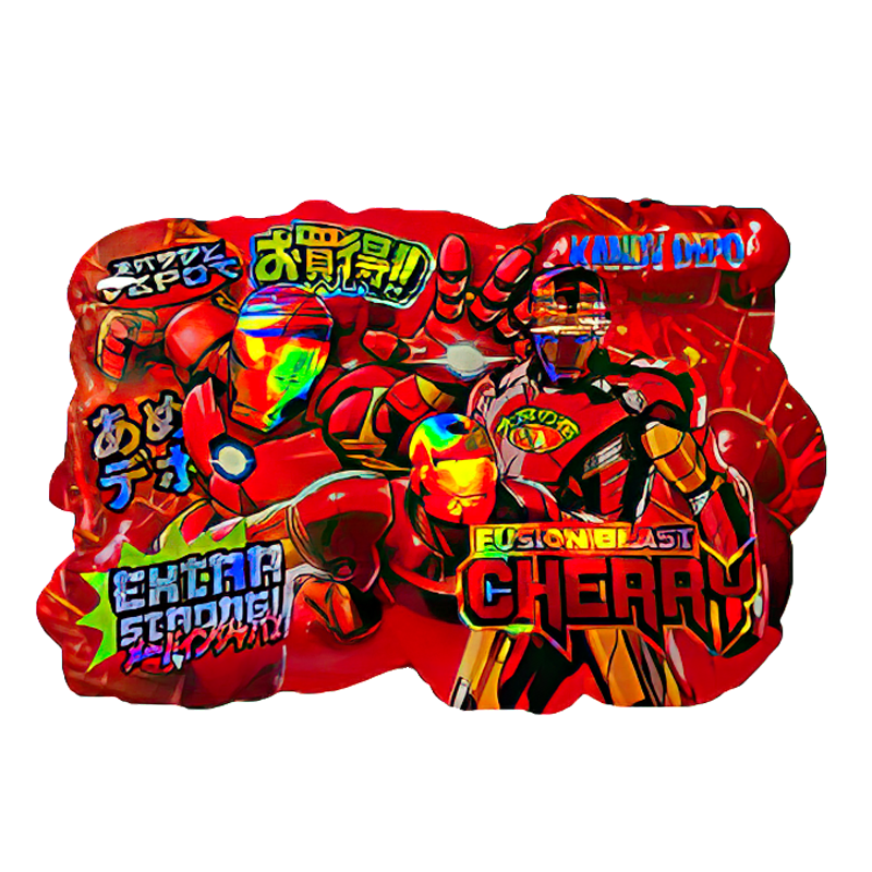50 Pack – 3.5G Shaped Mylar Bags – Kandy Depo Iron Man Fusion Blast Cherry – MB35-SHAPE-139